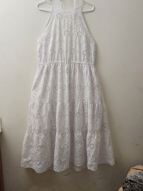 Tried & Tru L White Eyelet Lined Tiered Halter Dress Cottagecore Ethereal Boho